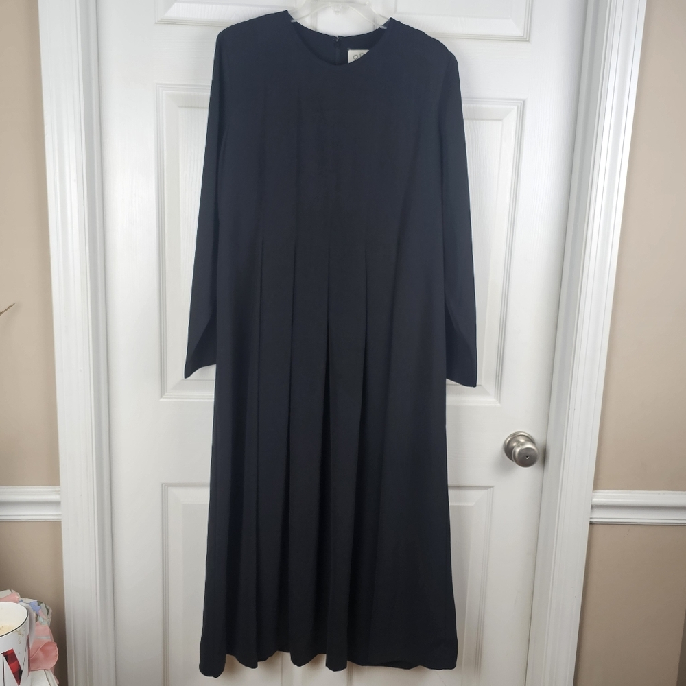Orvis Vintage Size 16 Black Pleated Front Midi Maxi‎ Dress Long Sleeves USA